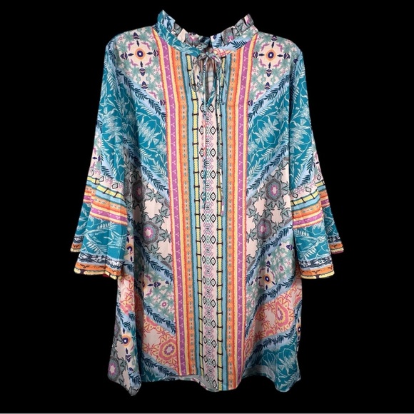 Tribal Boho Shift Dress Size Medium Caftan Bell Sleeve Midi Festival 60s Tunic - Picture 4 of 8